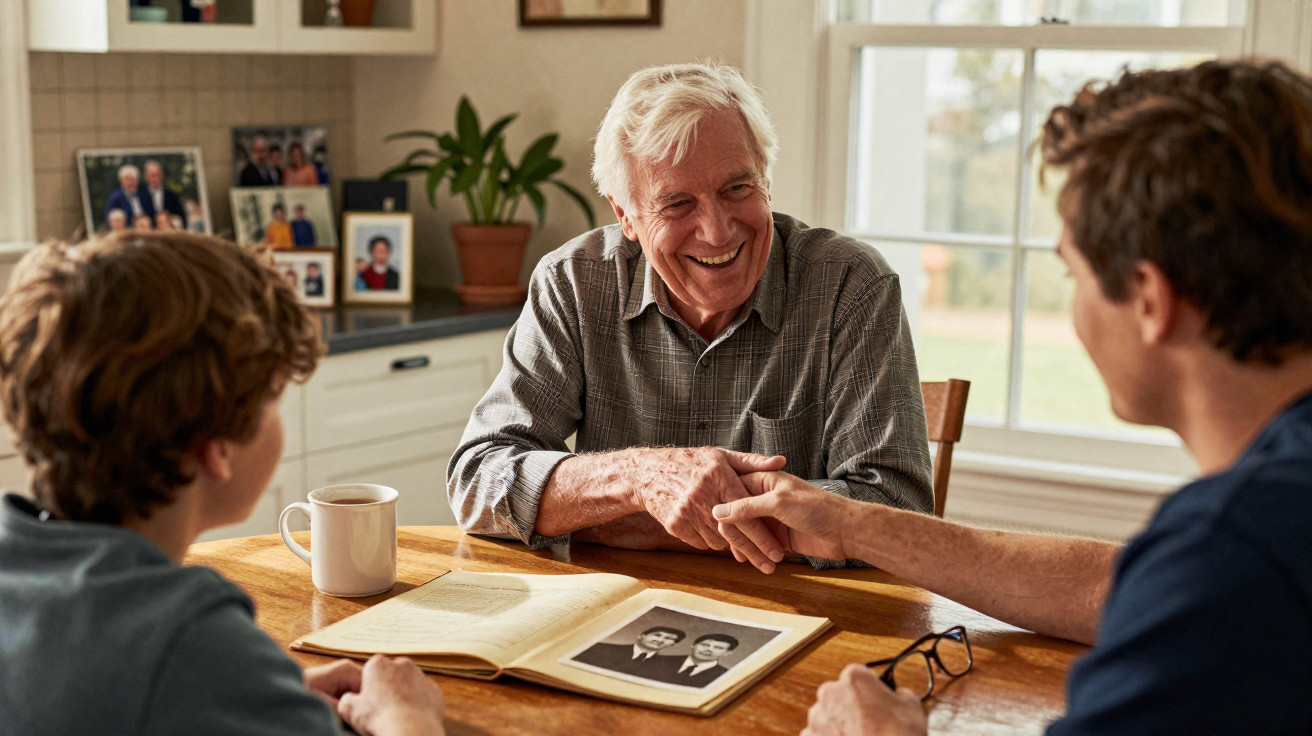 Homem idoso sorridente a segurar a mão de um homem mais novo, com rapaz e álbum de fotografias à mesa.