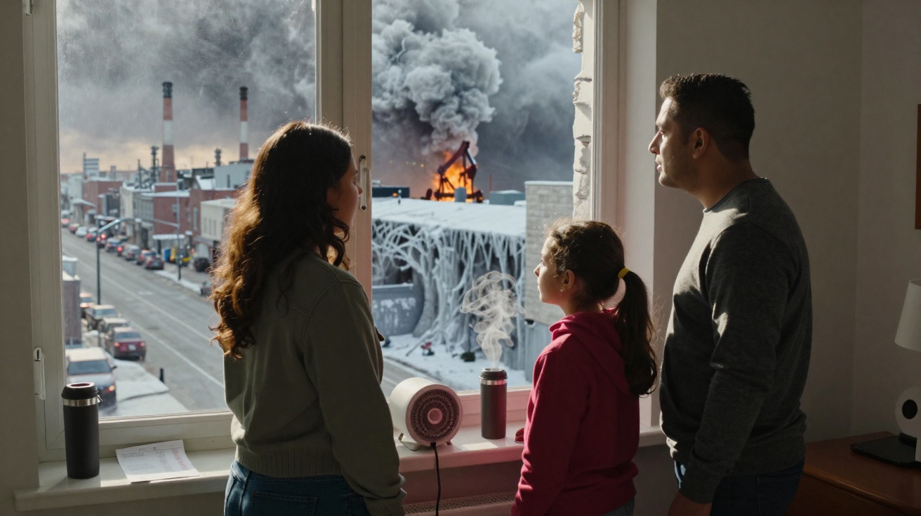 Família observa incêndio e fumo denso numa fábrica industrial através da janela de casa.
