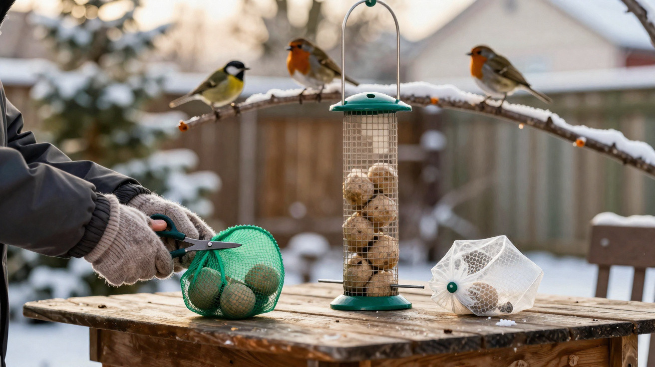 Pessoa a preparar alimento para pássaros e dois rolinhas e um pardal numa árvore com neve.