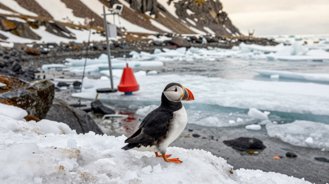 Pinguim de bico de tucano sobre neve junto a icebergues e rochas numa paisagem ártica.