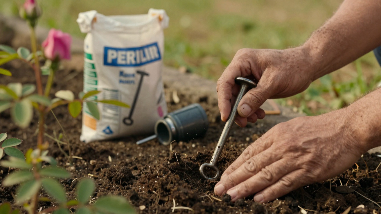 Mãos a plantar uma semente na terra, com fertilizante e vaso de plantas ao fundo no jardim.
