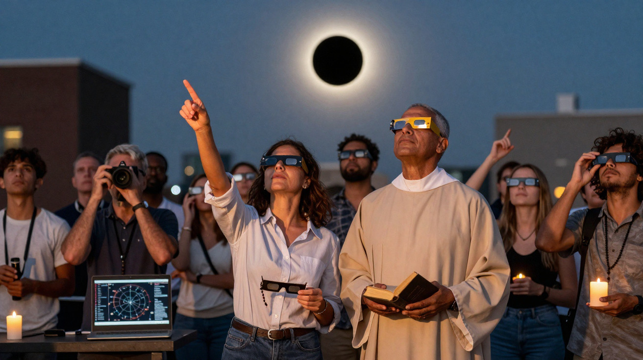 Grupo de pessoas com óculos de proteção a observar o eclipse solar total ao anoitecer.