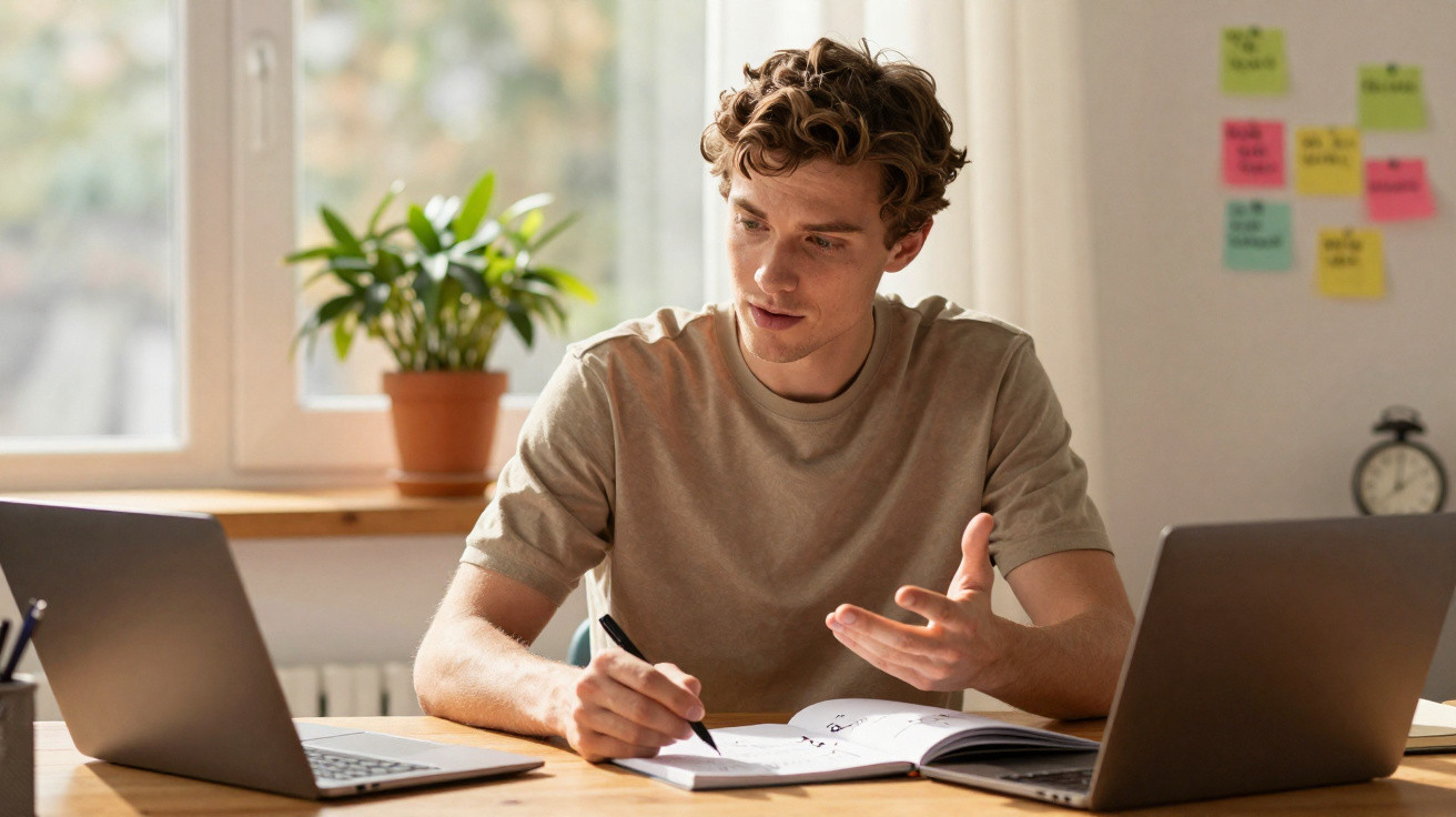 Jovem sentado à secretária a escrever num caderno, entre dois computadores portáteis, com planta e notas atrás.