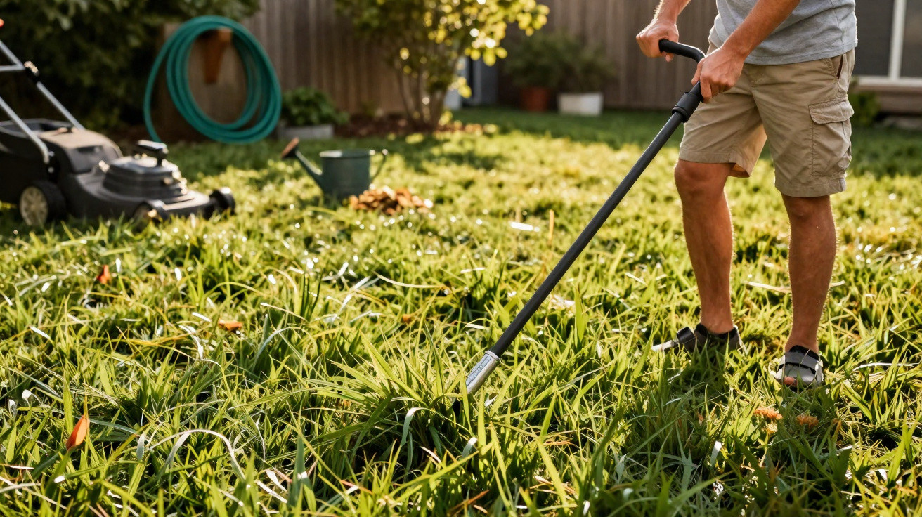 Homem a usar uma ferramenta para arrancar ervas daninhas num jardim com relva alta e equipamento de jardim ao fundo.