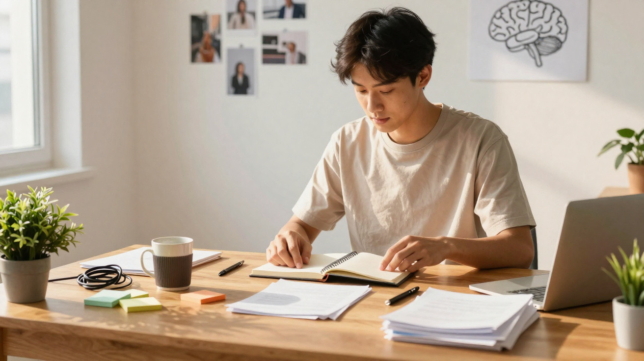 Jovem sentado a estudar numa mesa com cadernos, papéis, computador portátil e plantas numa sala iluminada.