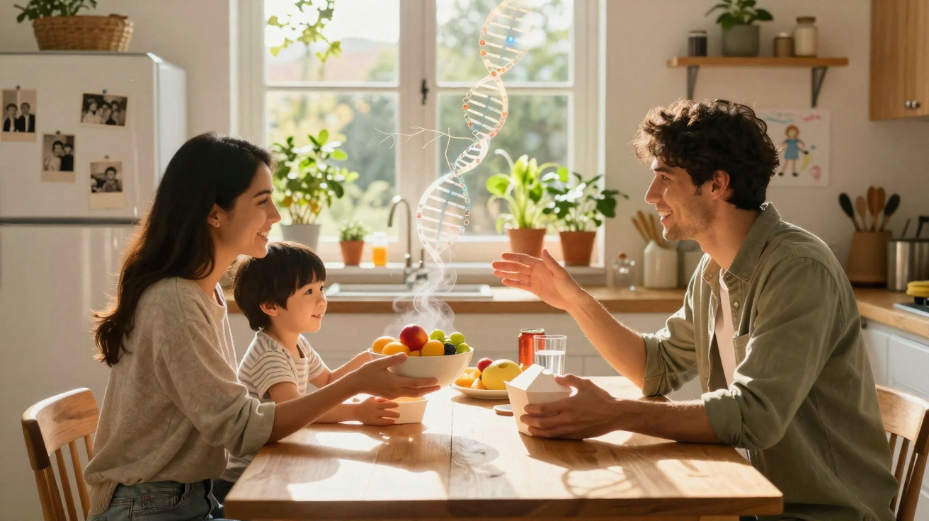 Família reunida à mesa na cozinha, partilhando frutas e conversa num ambiente luminoso e acolhedor.