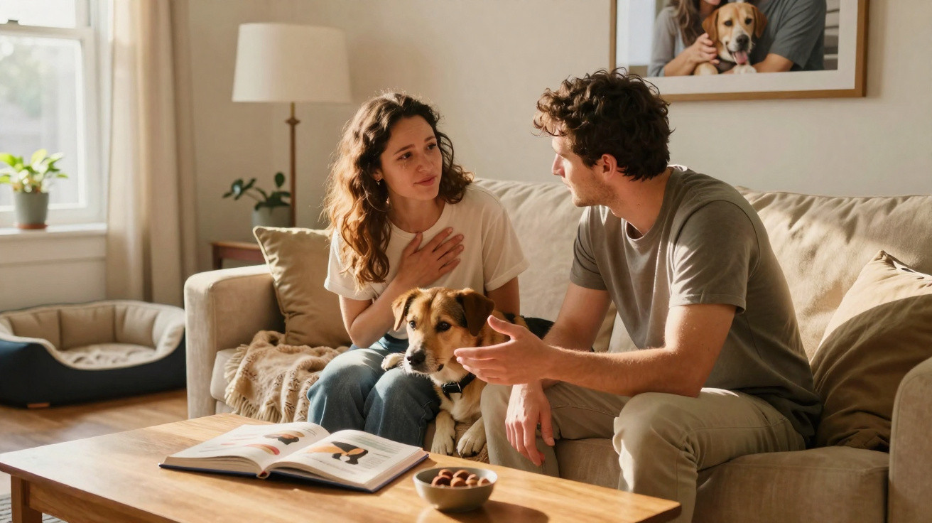 Casal sentado no sofá a conversar com o cão entre eles numa sala acolhedora e iluminada.