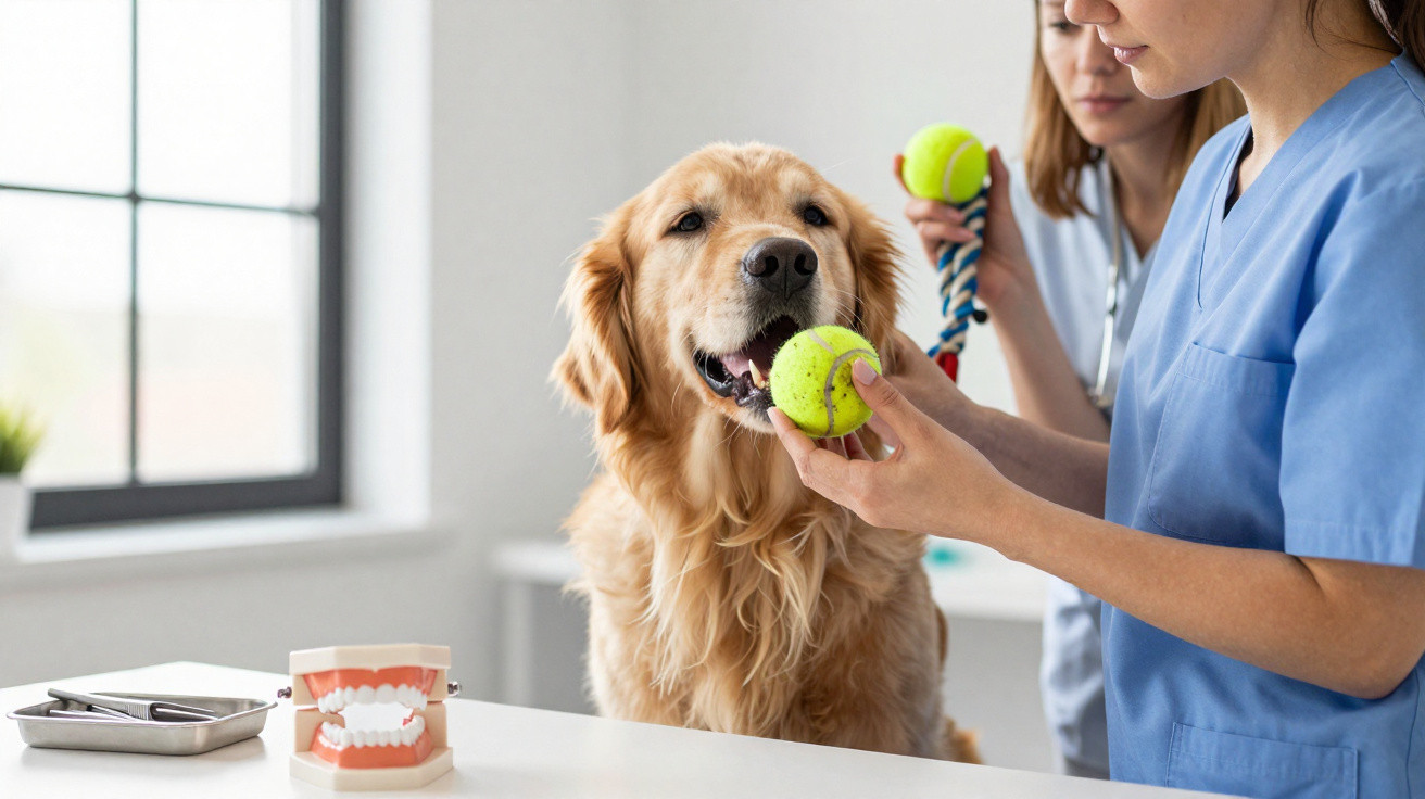 Cão Golden Retriever na consulta veterinária, segurando uma bola de ténis com duas veterinárias ao fundo.