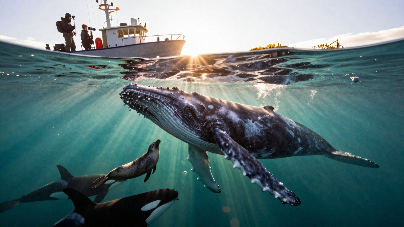 Baleia jubarte, orca e foca nadam juntos enquanto pessoas observam desde um barco ao pôr do sol.
