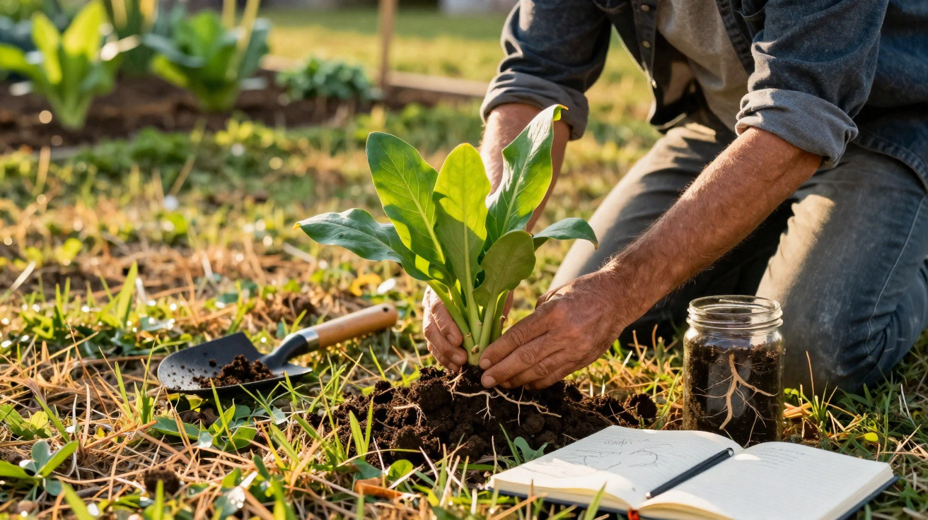 Pessoa a plantar planta verde no solo com regador, caderno aberto e pá num campo ensolarado.