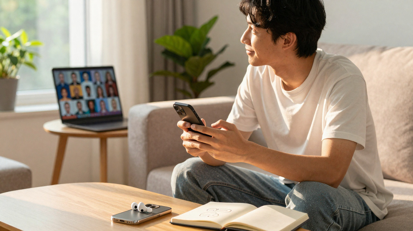 Homem sentado no sofá com smartphone, laptop em videochamada e caderno sobre mesa de madeira.