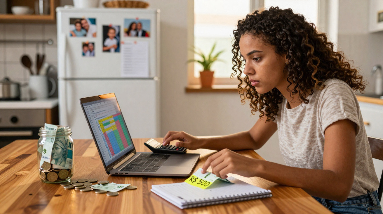 Mulher negra a usar calculadora e computador portátil para gerir finanças numa mesa de cozinha.