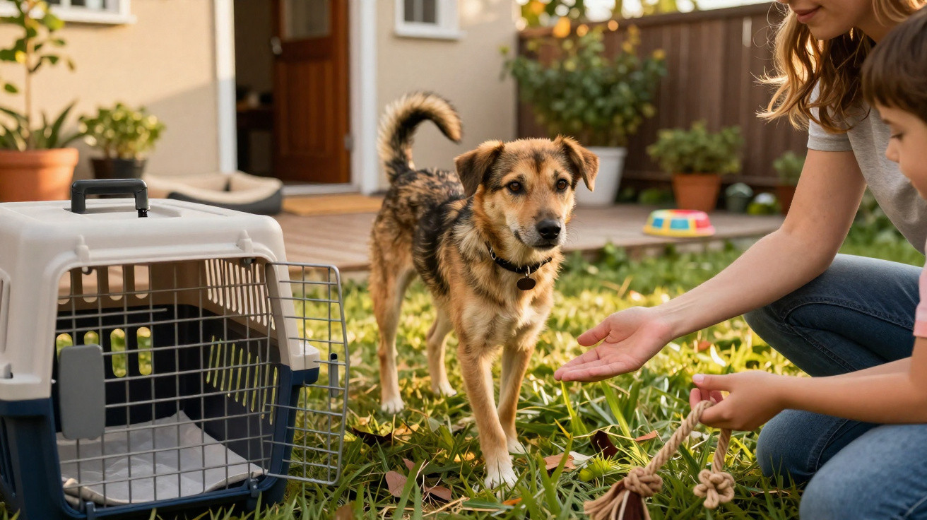 Cão a sair de transportadora ao ar livre com duas pessoas a incentivá-lo num jardim de casa.