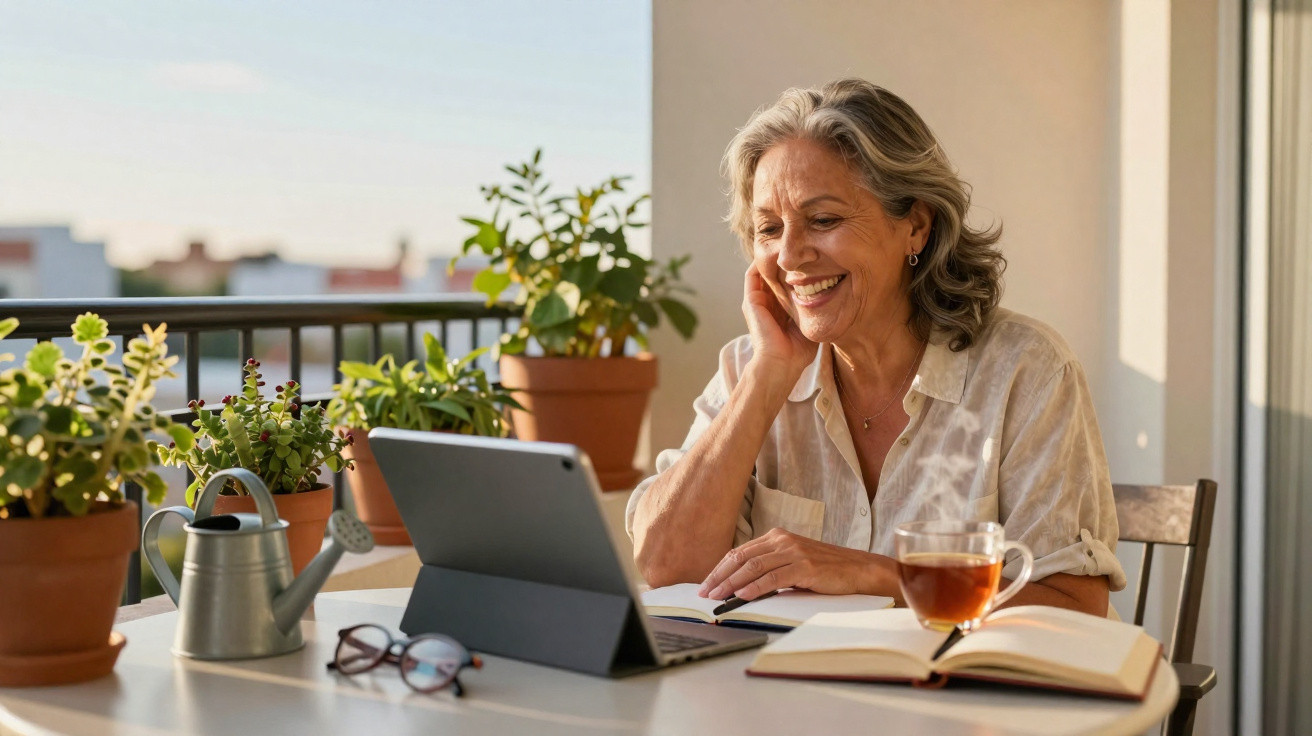 Mulher sorridente a usar tablet numa varanda com plantas, chá e livro numa mesa iluminada pelo sol.