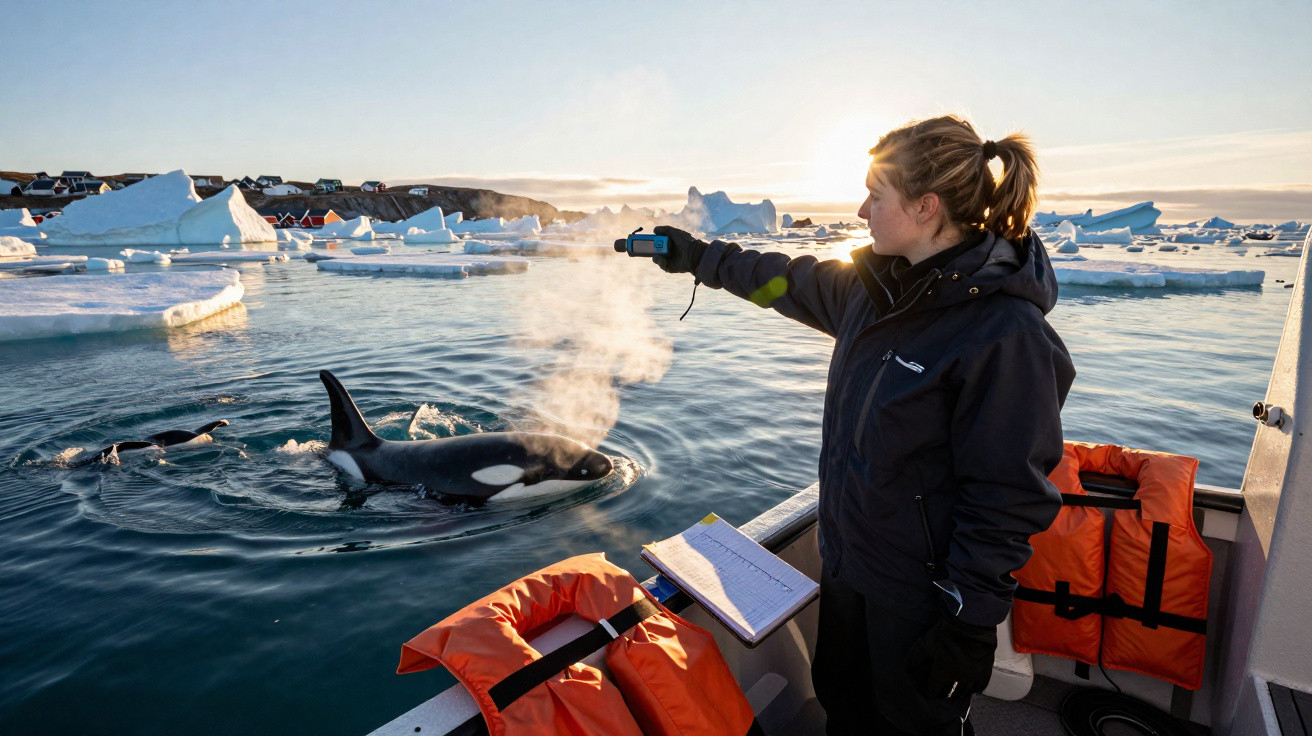 Cientista a bordo de barco registando orca a respirar perto de gelo flutuante num ambiente ártico.