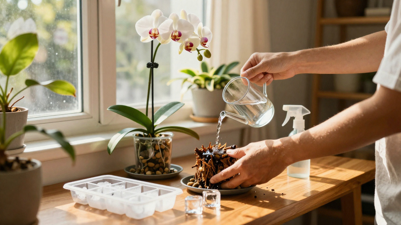 Pessoa a regar planta em vaso, sobre mesa de madeira perto de janela com orquídeas e outros vasos.