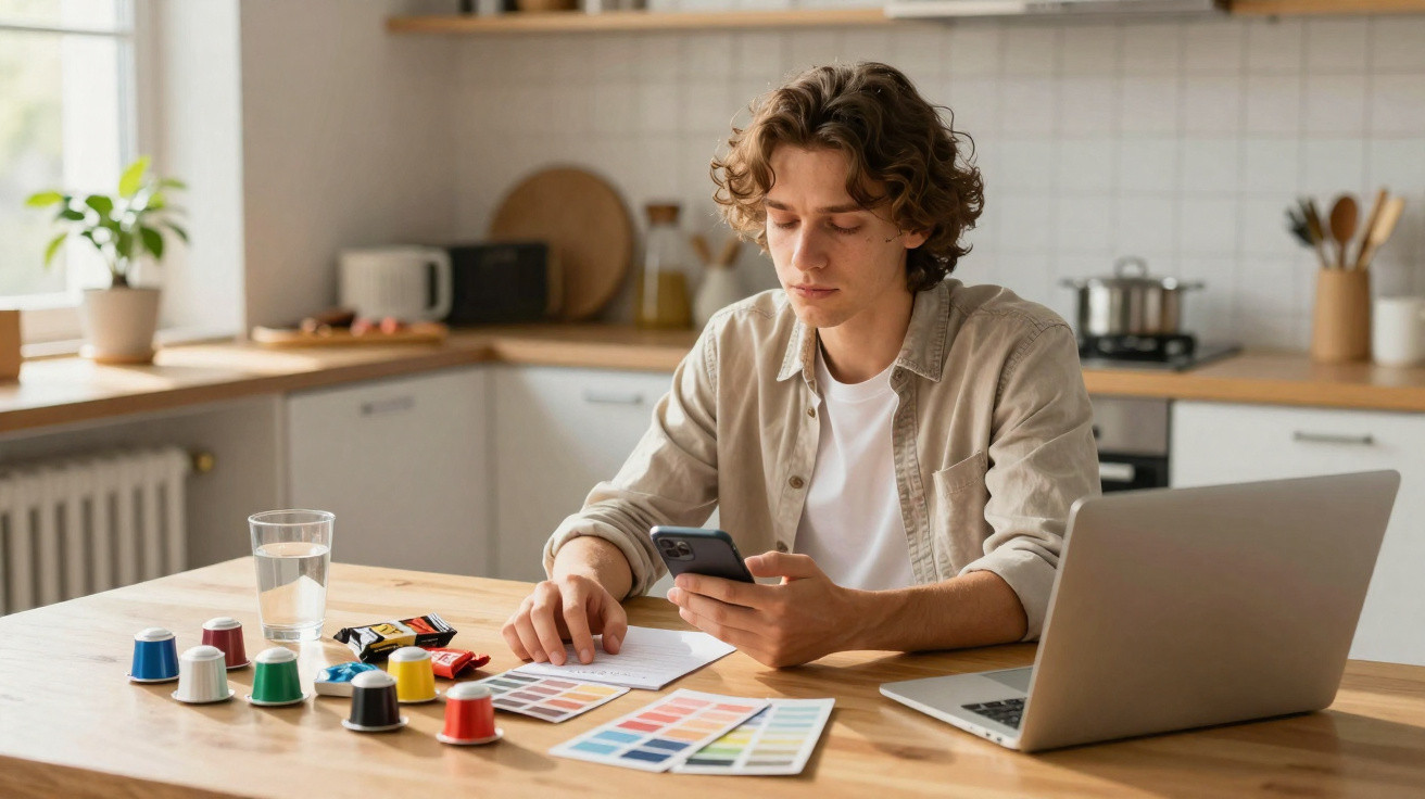 Jovem sentado à mesa da cozinha, a consultar o telemóvel, com amostras de cores e cápsulas de café à sua frente.