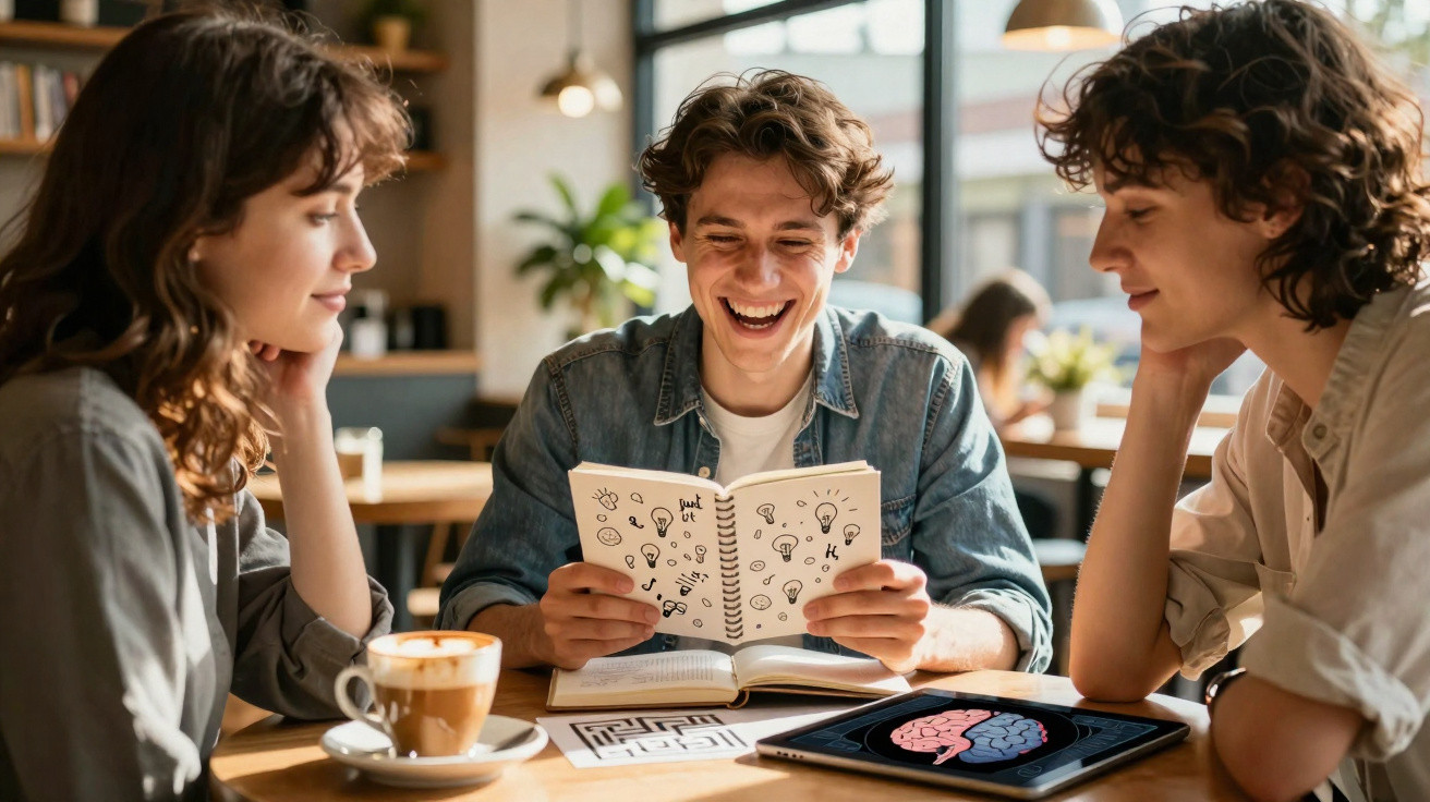Três jovens sentados à mesa, sorrindo e olhando para um caderno com desenhos numa cafeteria.
