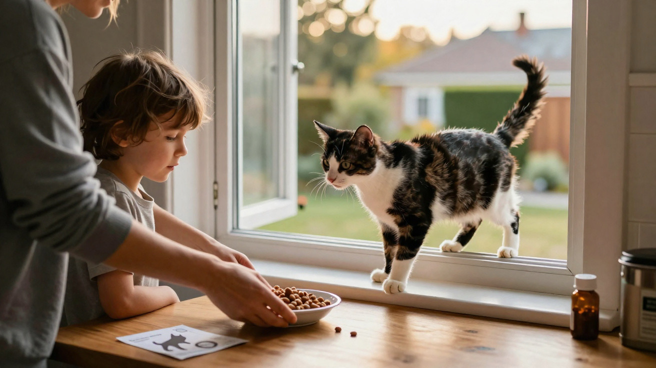 Menino e adulto a dar comida a um gato que está na soleira de uma janela aberta.