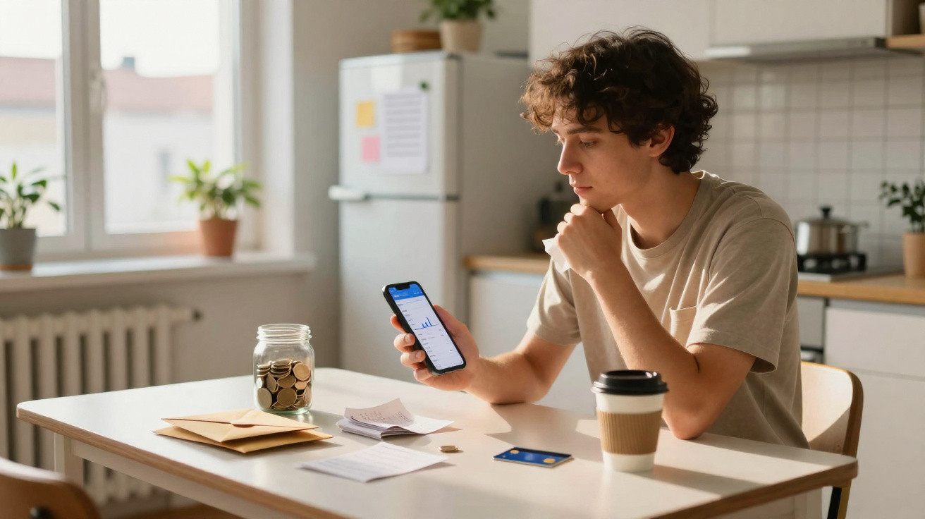 Jovem sentado à mesa a consultar gráficos financeiros no telemóvel com moedas, documentos e café à sua frente.