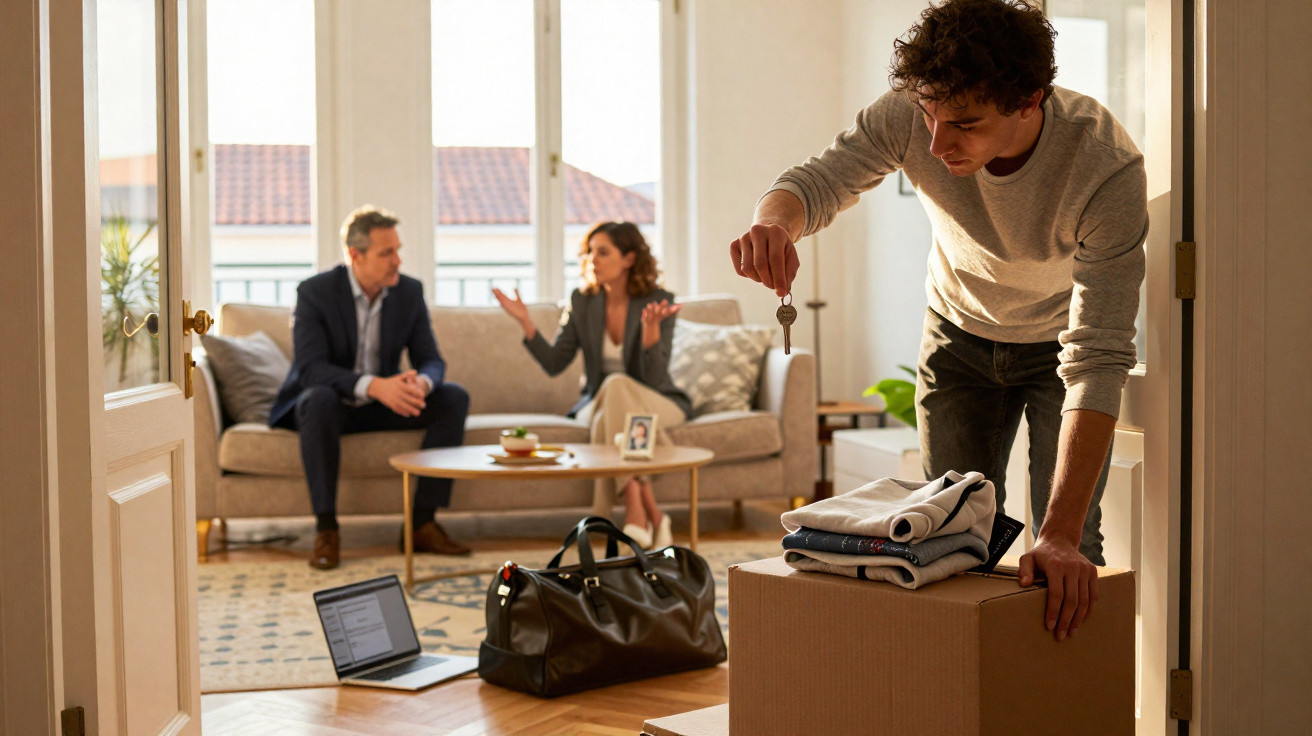 Homem a entrar num apartamento com chave, enquanto casal conversa no sofá ao fundo.