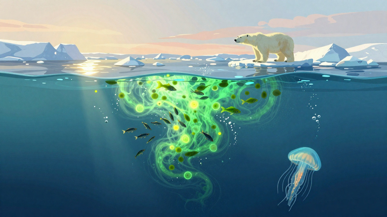 Urso polar em iceberg com vida marinha fluorescente e águas geladas, incluindo medusa e pequenos peixes.