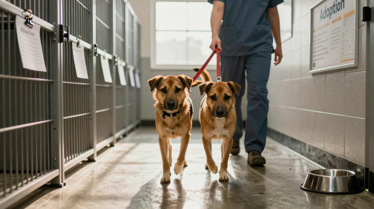 Duas cães à trela, acompanhadas por uma pessoa, caminhando num abrigo de animais com jaulas e sinalética de adoção.