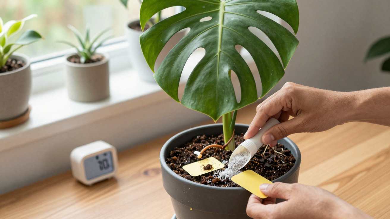 Pessoa a aplicar fertilizante em planta de Monstera em vaso junto a janela com medidor de humidade.