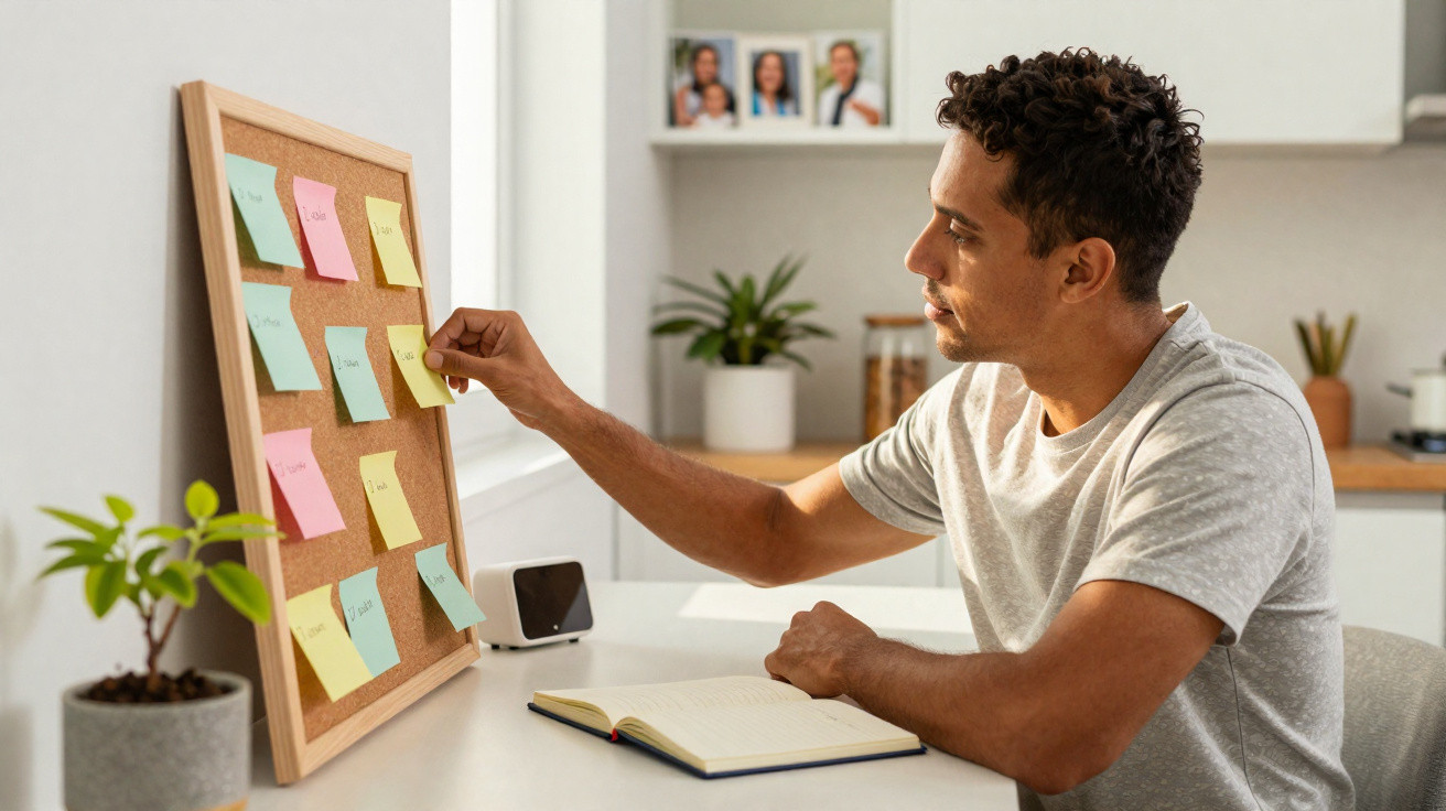 Homem a organizar notas coloridas numa placa de cortiça numa mesa com caderno aberto e plantas ao lado.