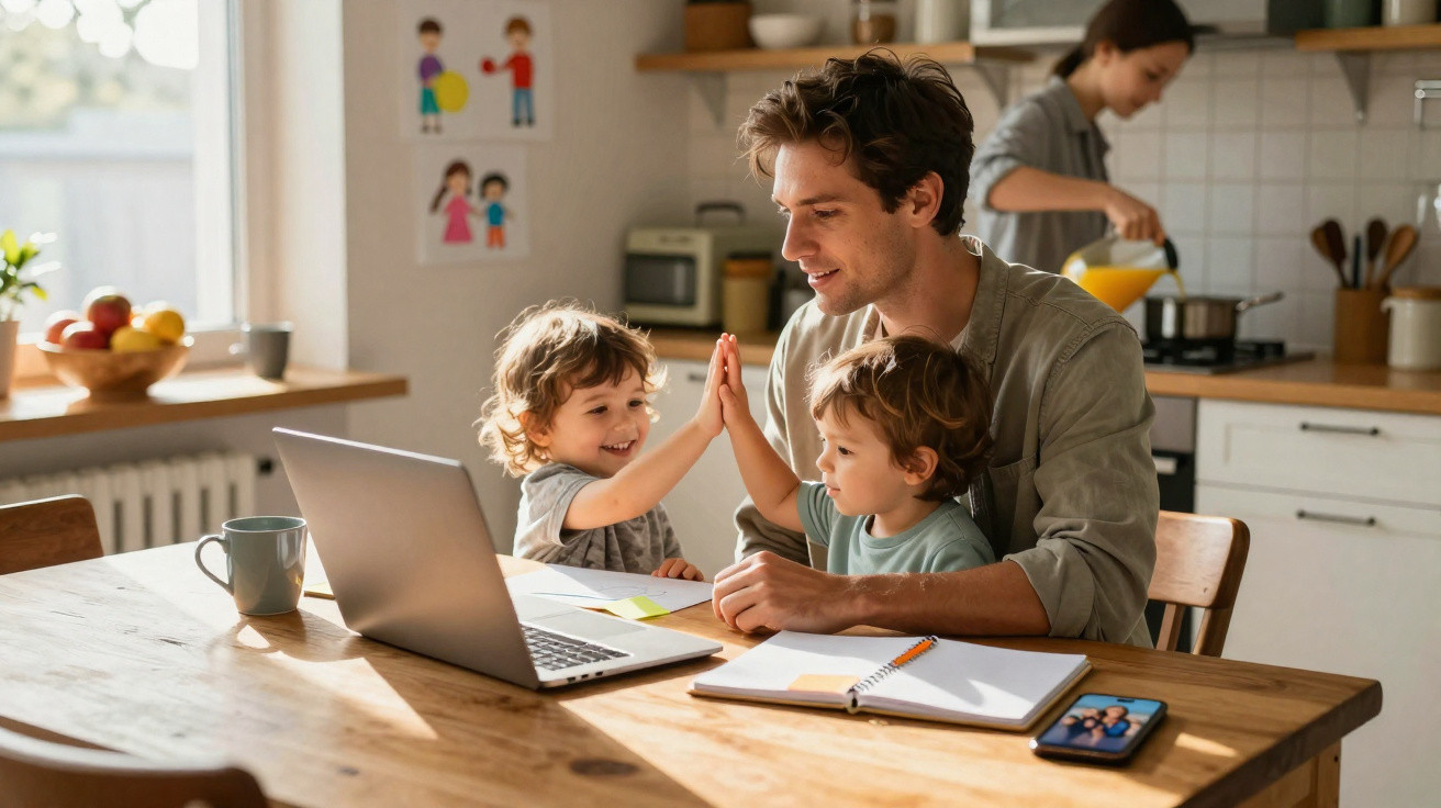 Pai ajuda filhos com atividades enquanto mãe cozinha numa cozinha luminosa e confortável.