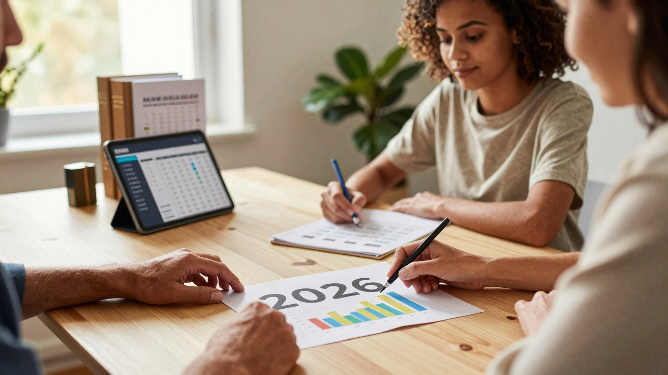 Três pessoas a analisar gráficos e planeamento para 2026 numa reunião de trabalho num escritório.