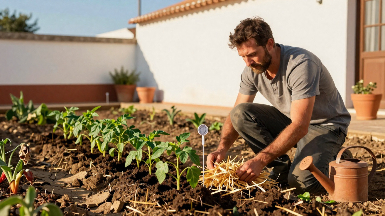Homem a colocar palha em plantas jovens numa horta caseira ao ar livre, de manhã.