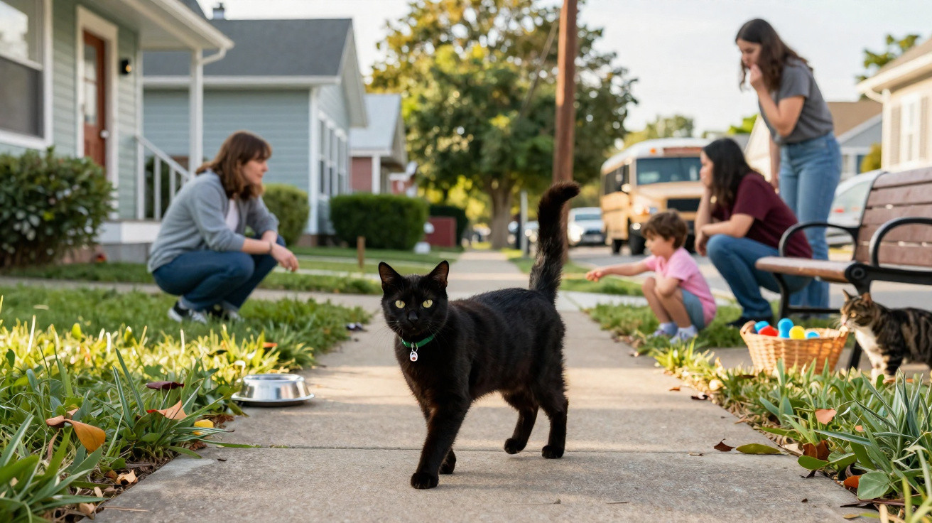 Gato preto a andar numa calçada num bairro residencial com pessoas e outro gato ao fundo.