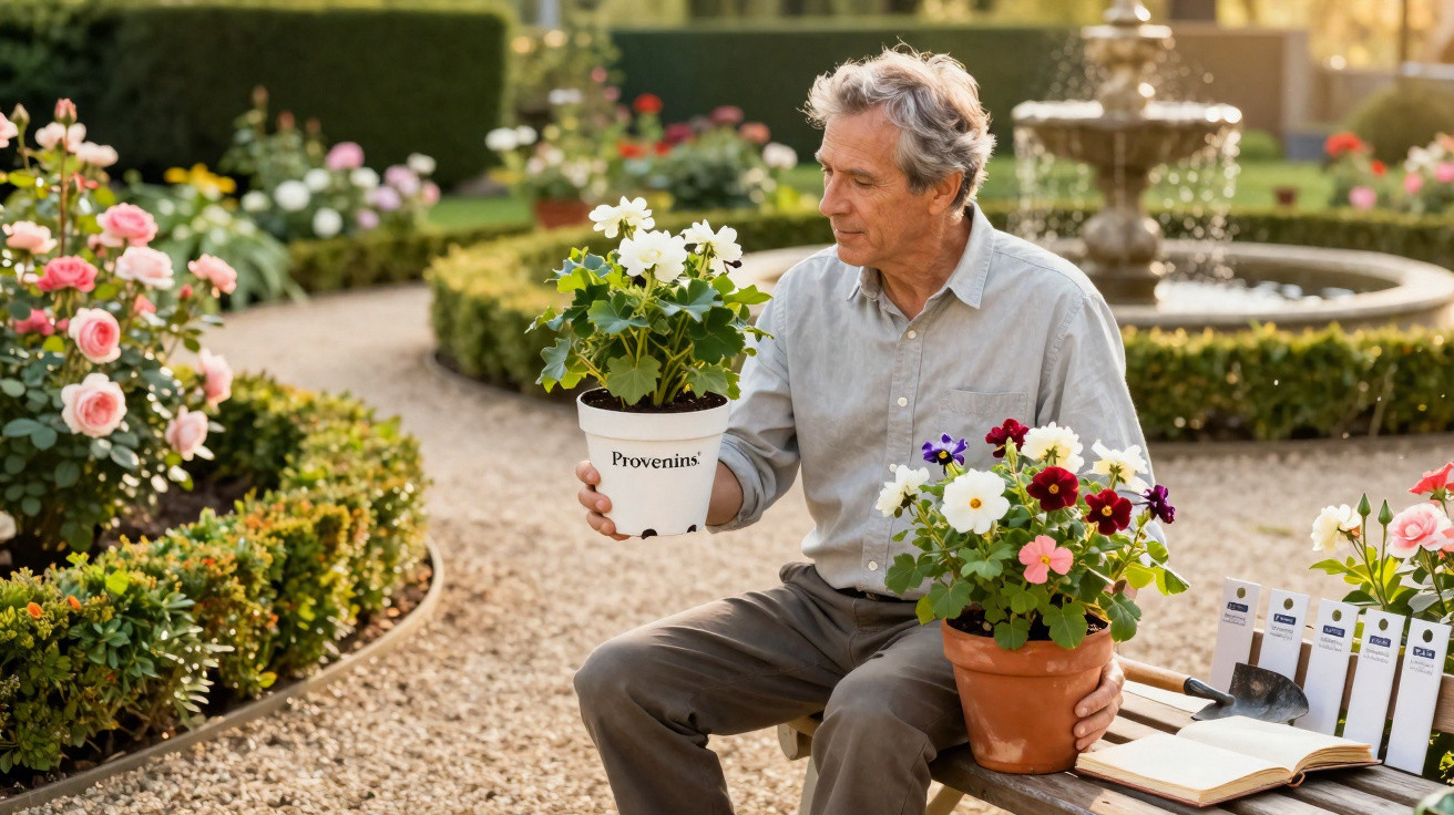 Homem idoso sentado num banco de jardim a segurar vasos de flores coloridas numa manhã iluminada.