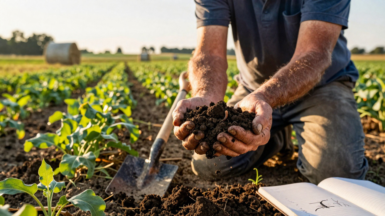 Agricultor de joelhos a segurar terra fértil cheia de minhocas num campo com plantas jovens e caderno aberto.