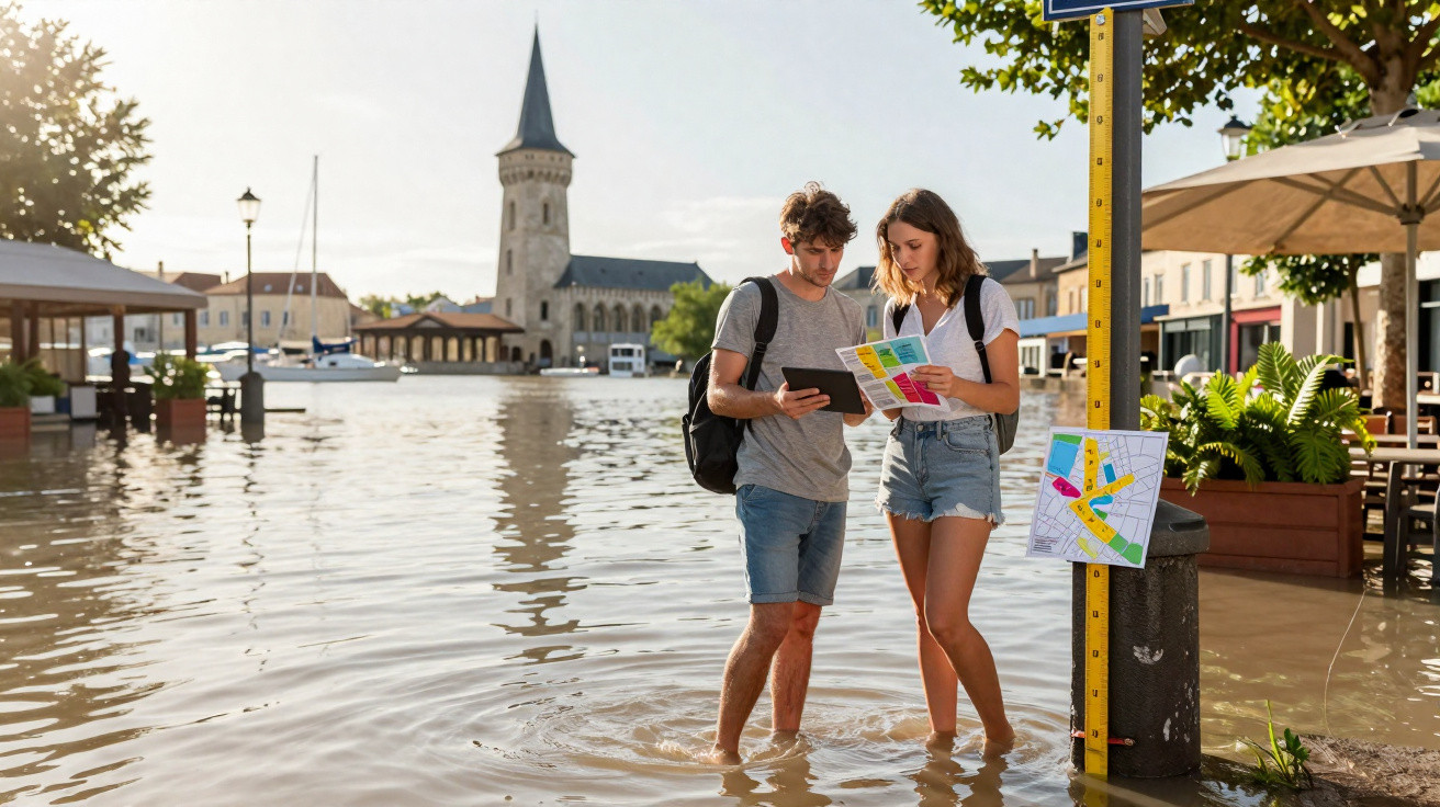 Jovem casal com mochilas de pé em água inundada, a consultar mapa e tablet numa rua alagada.