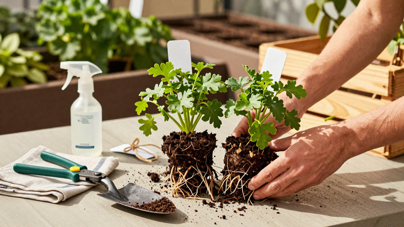 Mãos a transplantar duas plantas jovens com raízes expostas numa mesa com ferramentas de jardinagem.