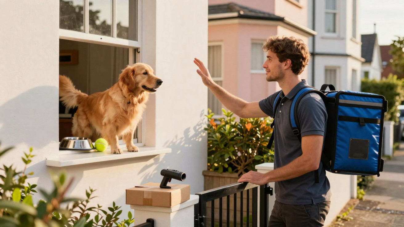Jovem faz sinal de olá a um golden retriever na janela de uma casa numa rua residencial.