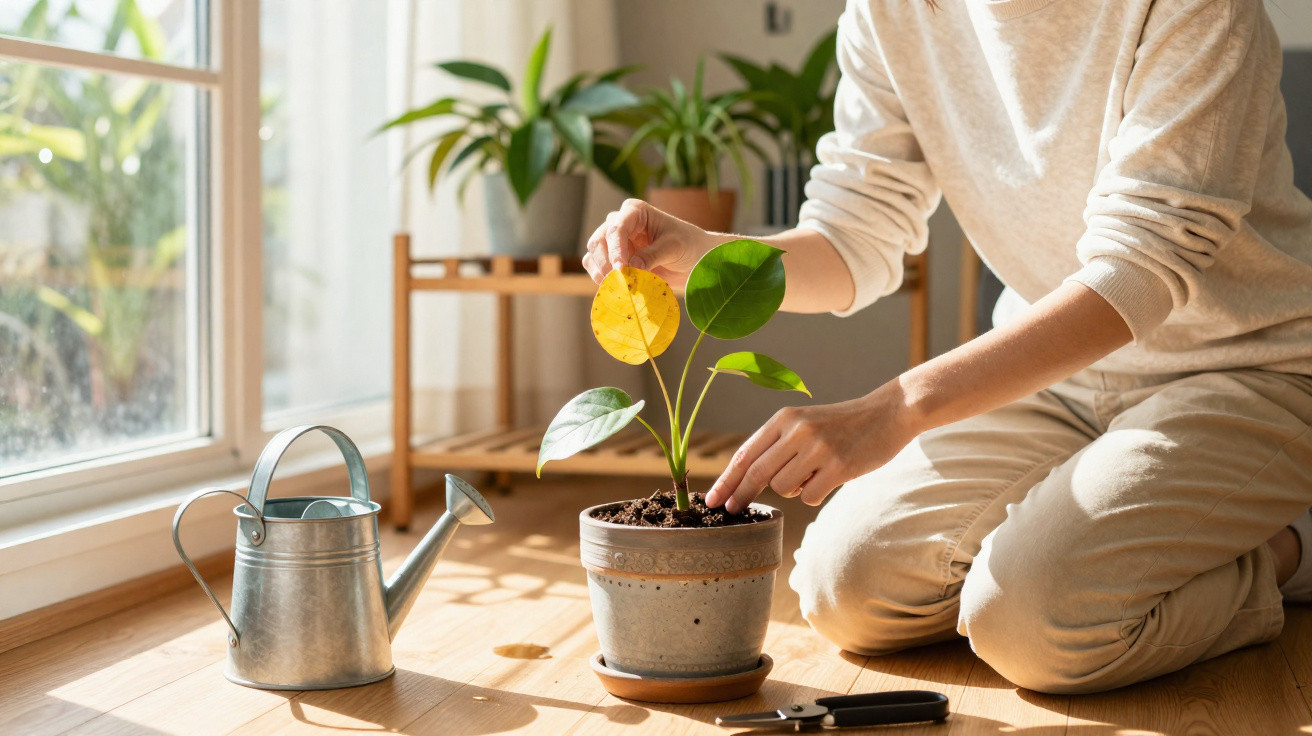 Pessoa a remover folha amarela de planta em vaso, ao lado de regador e tesoura num chão de madeira.