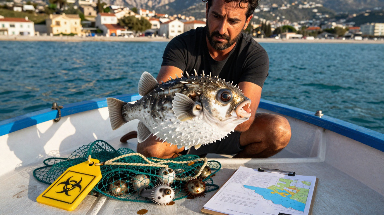 Homem a segurar peixe baiacu num barco com rede, documento e paisagem costeira ao fundo.