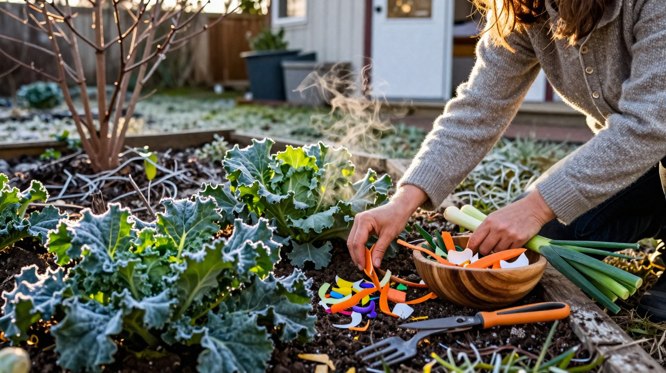 Pessoa a limpar legumes numa horta, com folhas verdes e ferramentas de jardinagem ao lado.