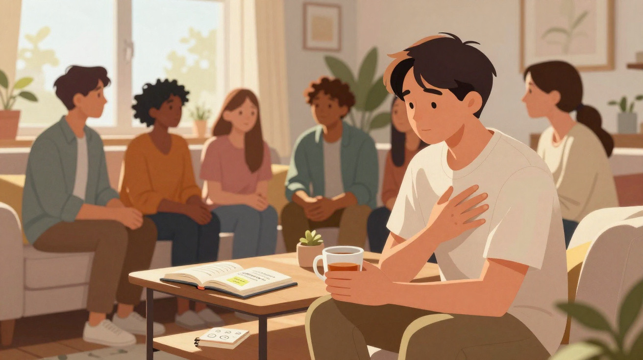 Homem preocupado sentado à parte enquanto grupo conversa num ambiente confortável e acolhedor.