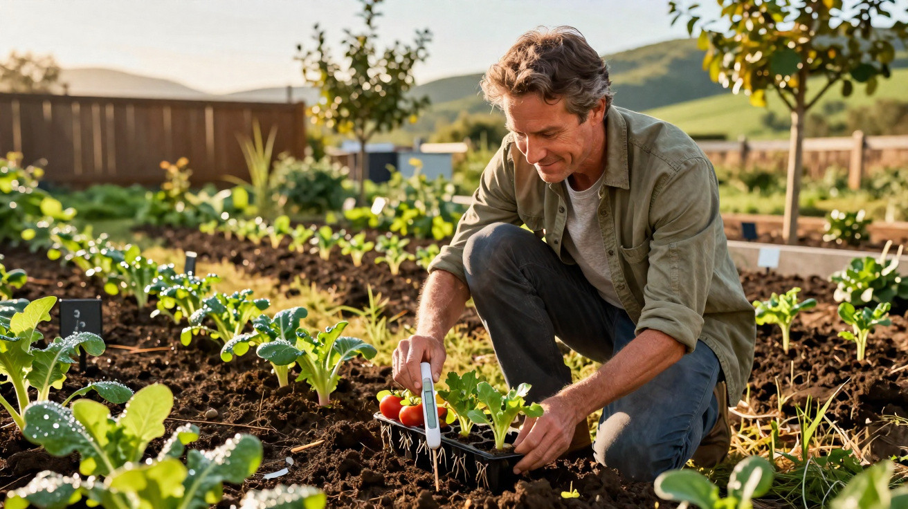Homem a plantar tomateiros num jardim, rodeado por plantas e vegetação em ambiente rural.