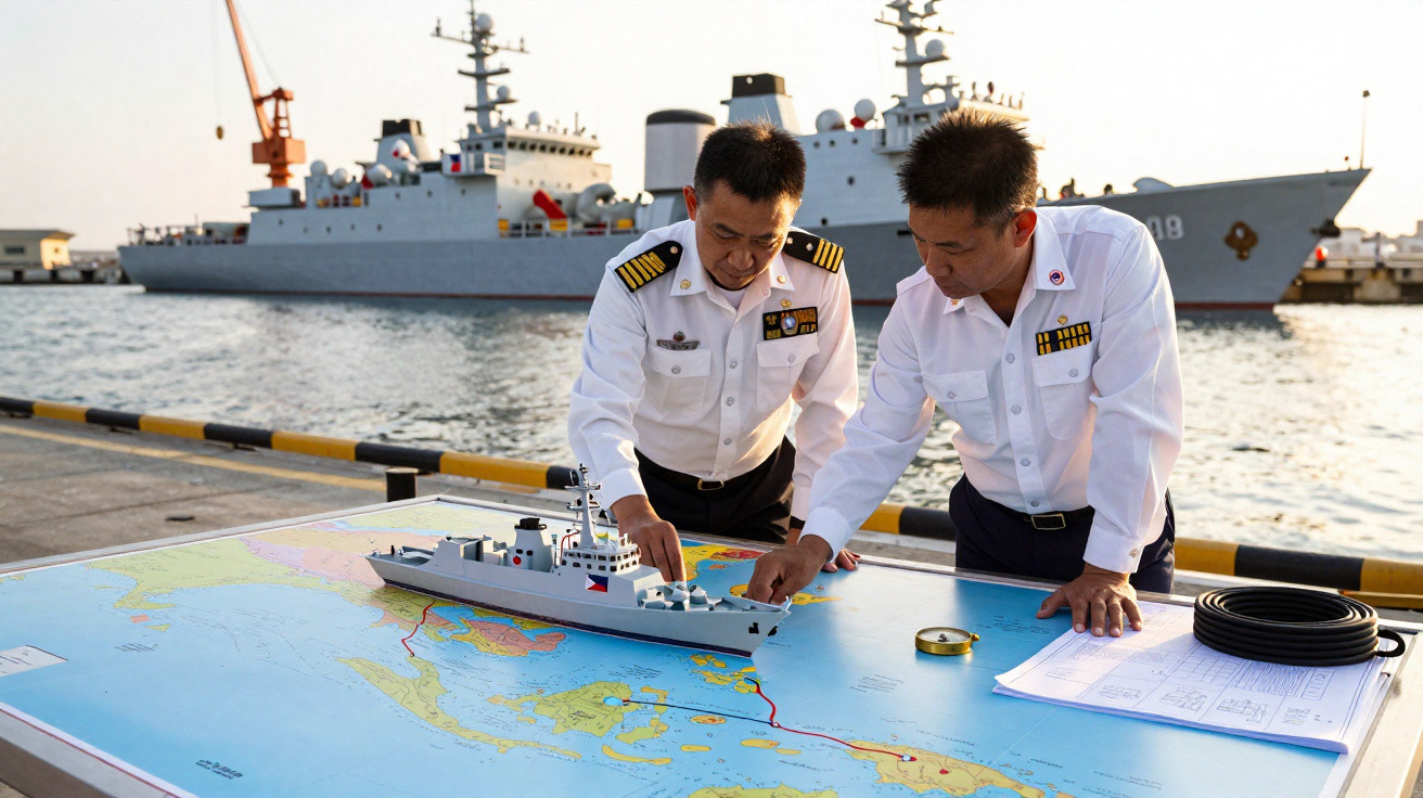 Dois oficiais da marinha analisam um modelo de navio e um mapa náutico num cais, com um navio ao fundo.