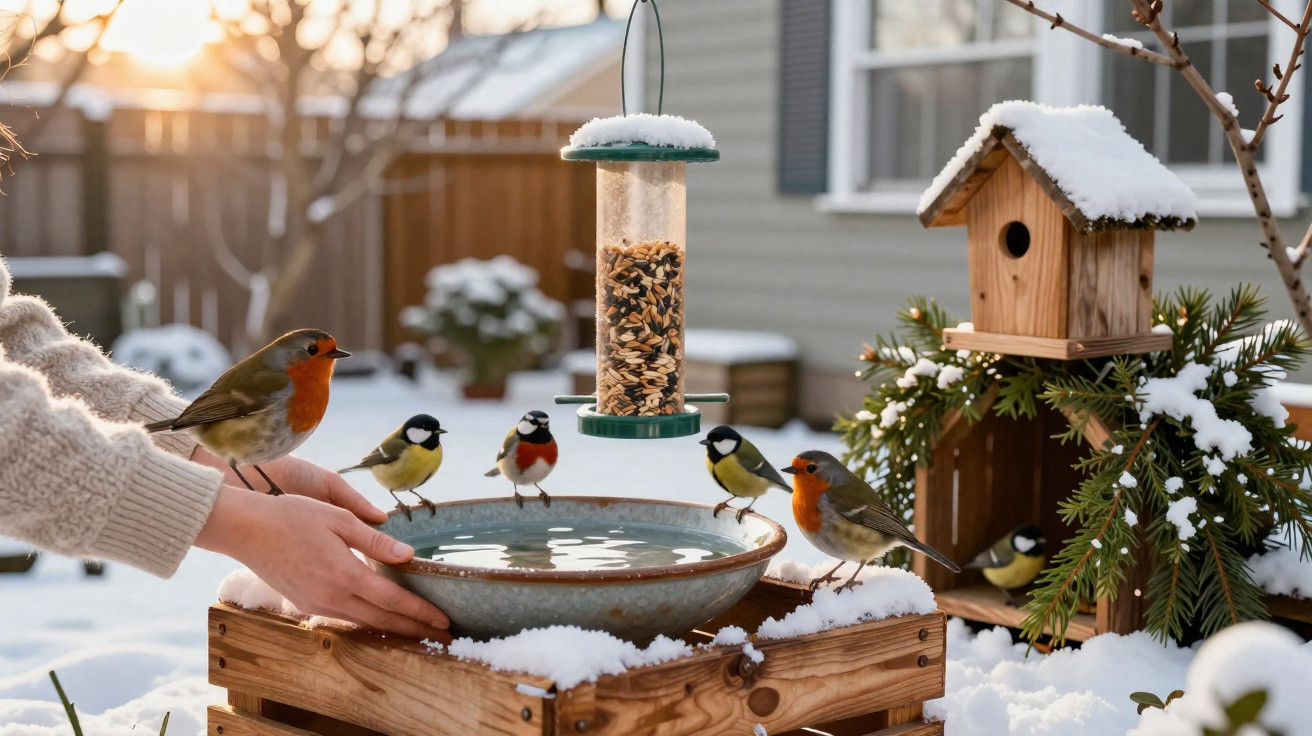 Pássaros a beber e comer perto de comedouro e casa de passarinho numa manhã de inverno com neve.