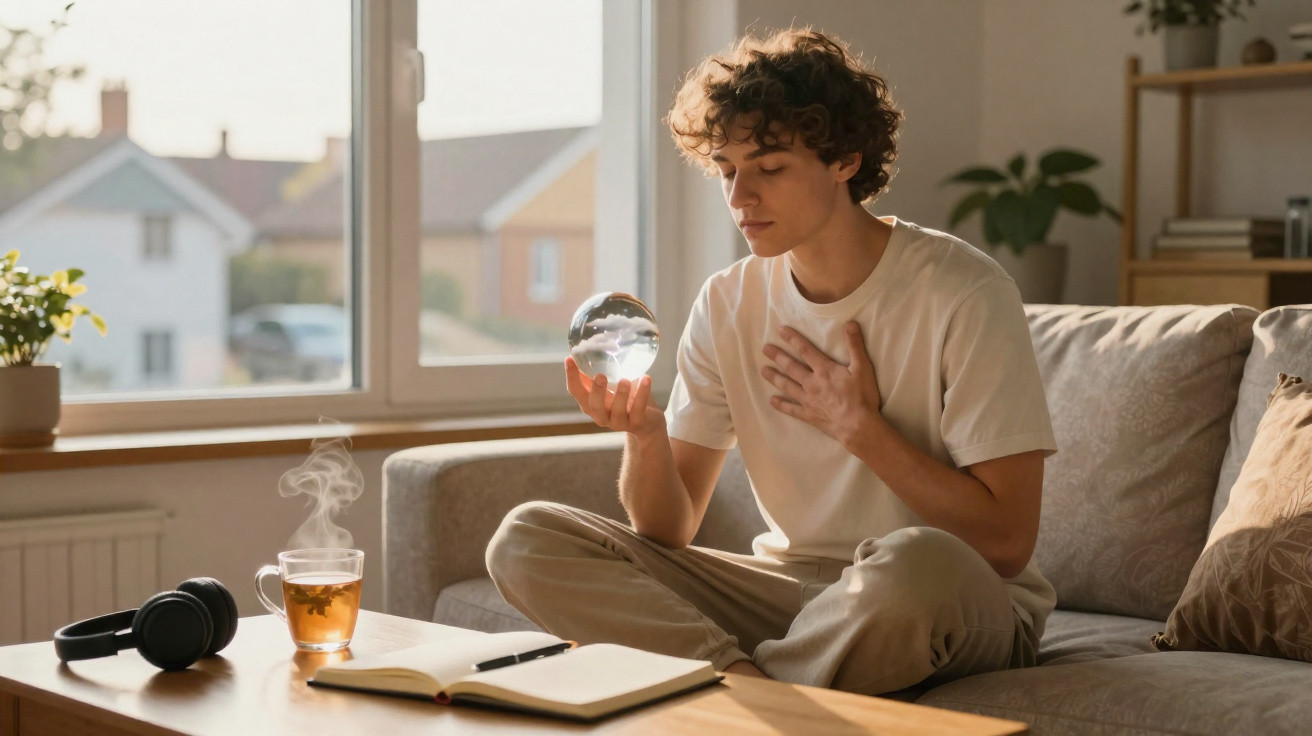 Jovem sentado no sofá a olhar fascinado para uma esfera de cristal numa sala iluminada pela luz natural.