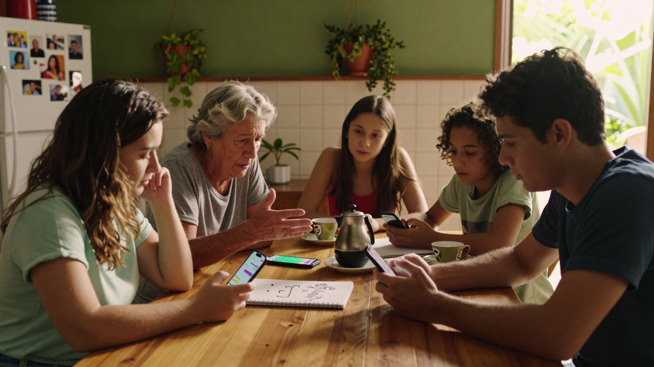 Grupo de pessoas de várias idades sentadas à mesa da cozinha, usando telemóveis e conversando.
