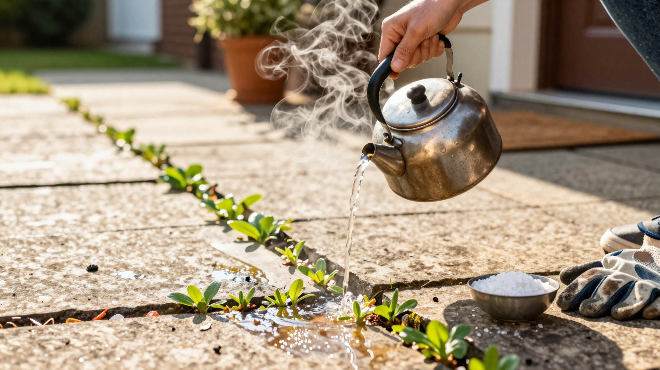 Mão a verter água quente de um bule para plantas entre pedras de caminho exterior.