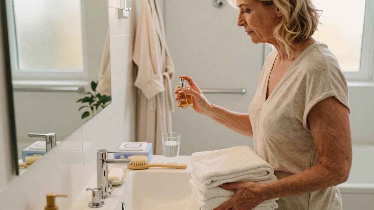 Mulher de idade média a segurar toalhas e aplicar perfume numa casa de banho moderna.
