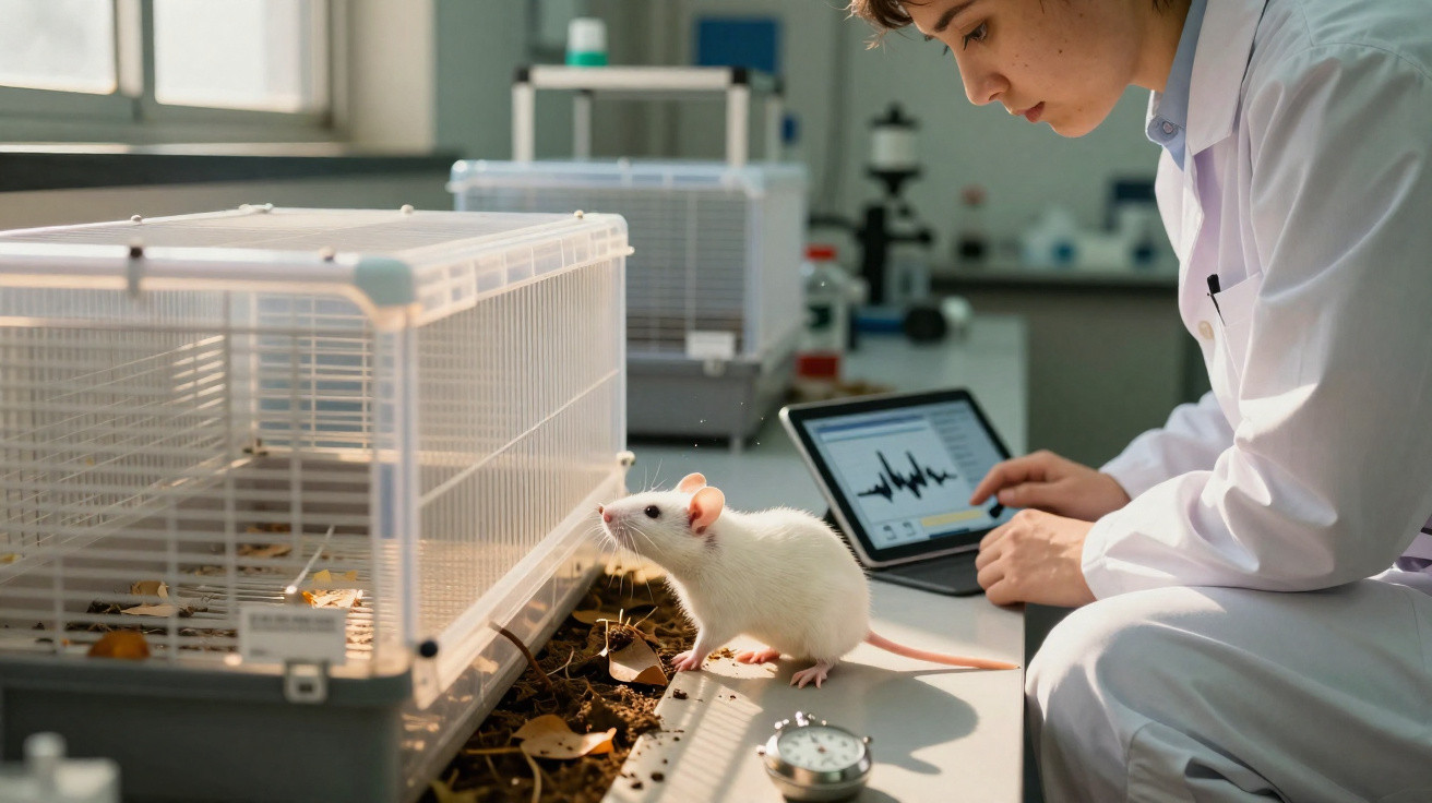 Cientista observa rato branco perto de gaiola em laboratório com tablet e equipamento científico.